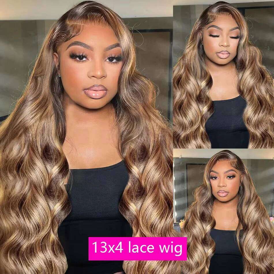 99J Bury 13x6 HD Body Wave Front Human Hair Wigs For Women P4/27 Highlight Ombre 13x4 Lace Frontal #4 Brown Colored Wig