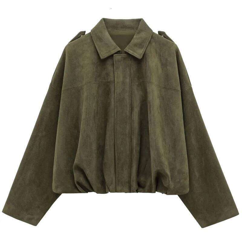 TRAF Cropped Oversize Outerwears Women's Jacket Spring Suede Bomber New In & Jackets Khaki Green Long Sleeve Coats