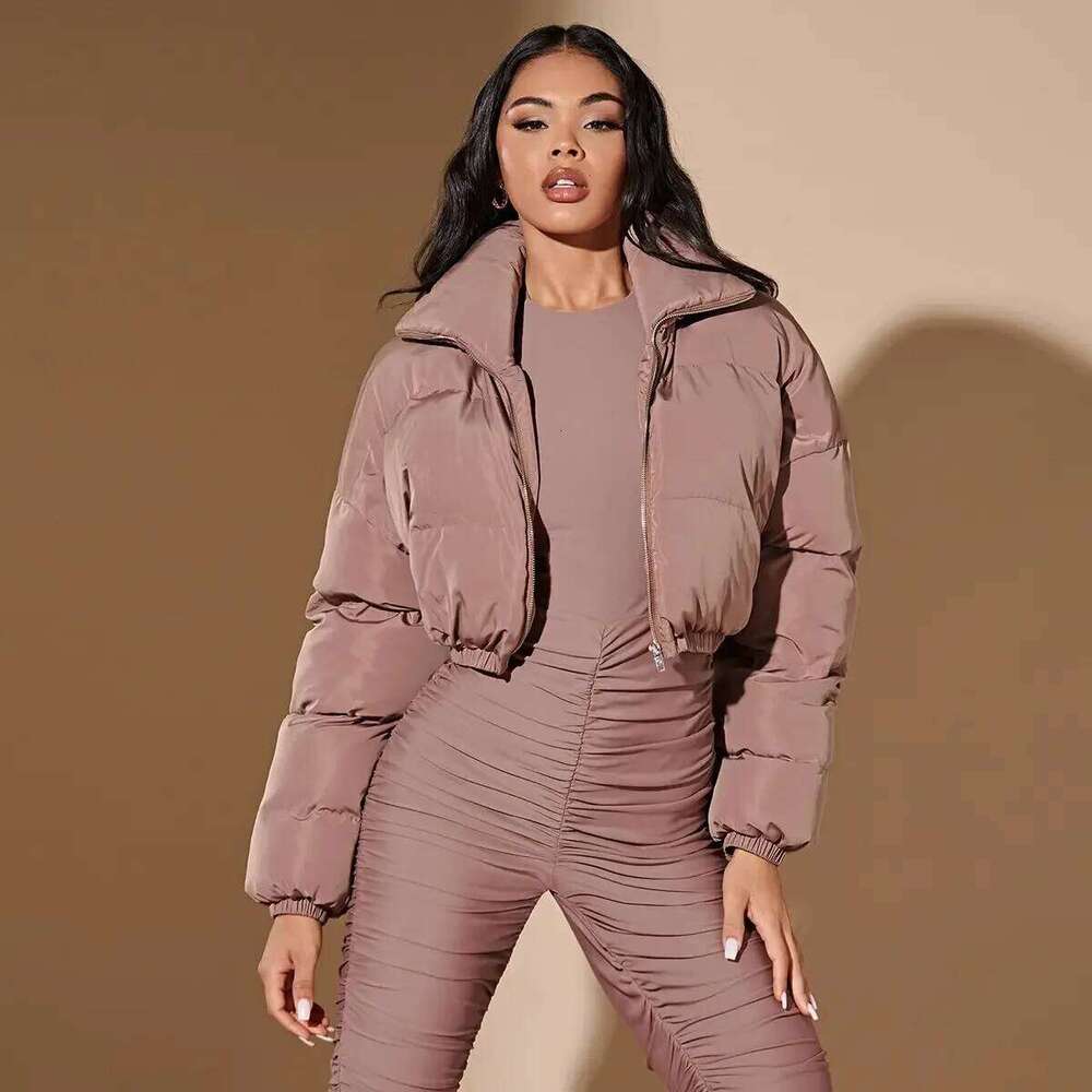 Women's American Style Short Winter Coat - Solid Color Cotton-Padded Stand-Up Collar