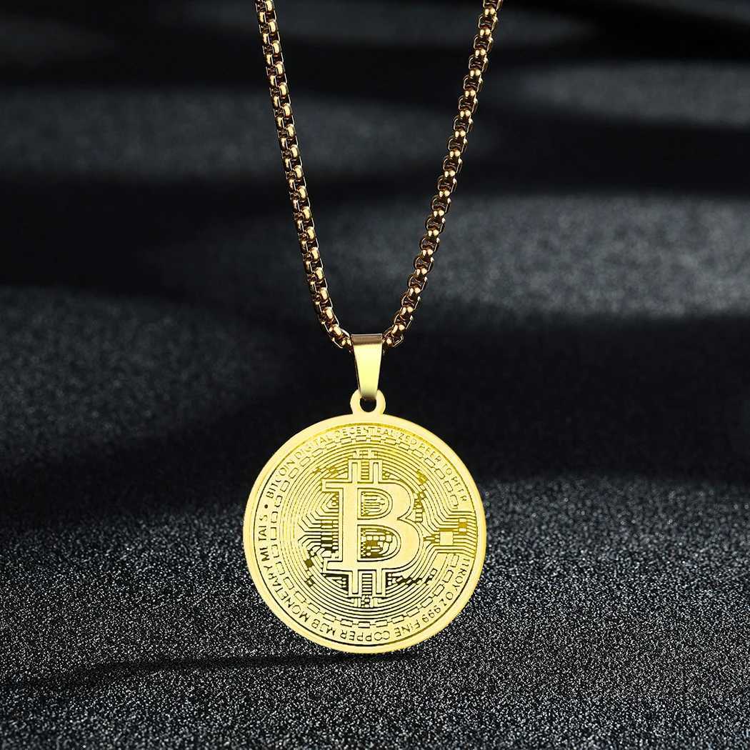 Kinitial Circle Bitcoin Pendant Necklace Stainless Steel Bitcoin Charm Chain Choker For Men Women HipHop Jewelry W250618