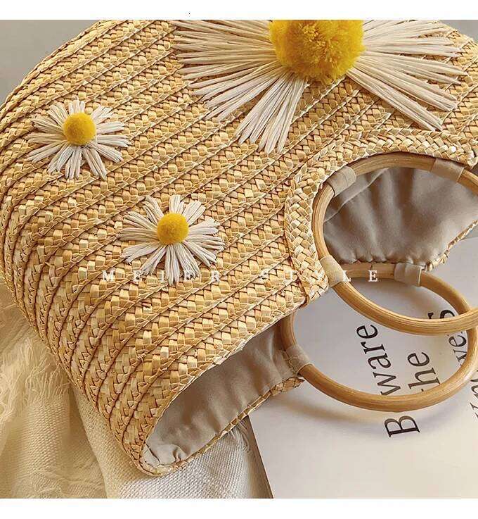 Little Daisy Straw Wooden Ring Handbag, Woven Holiday Beach Bag