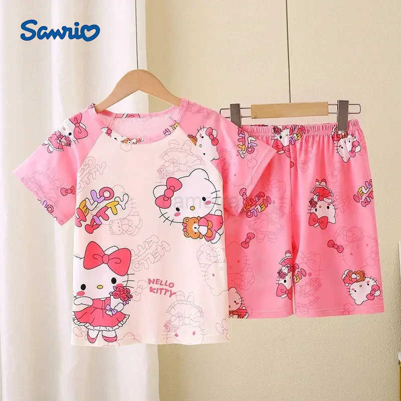 Saniro Hello Kitty Clothes Set Short Sleeve 2pcs T-shirt+Short 1 2 3 Years Old Summer New Clothing Girls Casual Loose XJ250618XJ250618