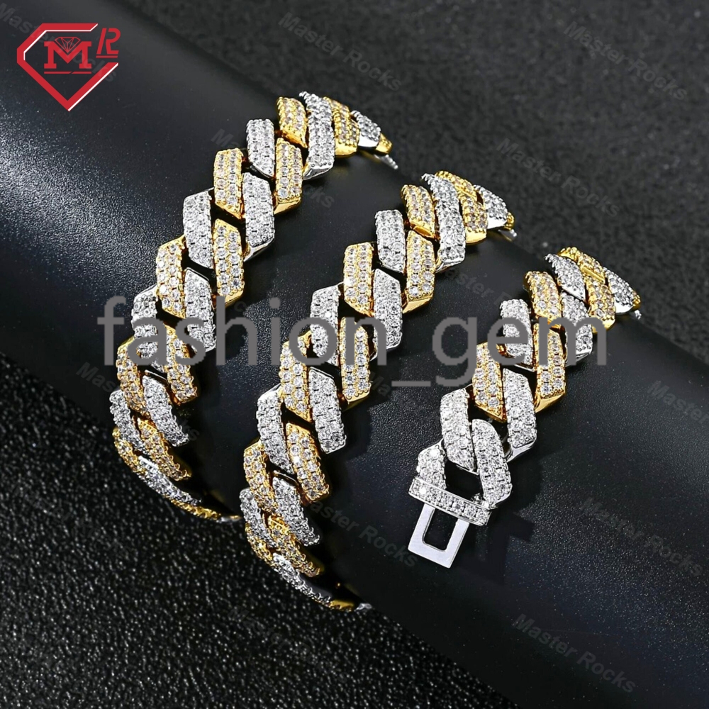 Wholesale Iced Out Cuban Link Chain 925 Sterling Silver Hiphop Two Tone VVS Moissanite Cuban Link Chain