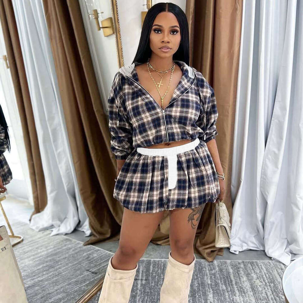 New Fashion Millennial Girl Grid Print Zipper Jacket Top With Puff Short Skirt Set B5