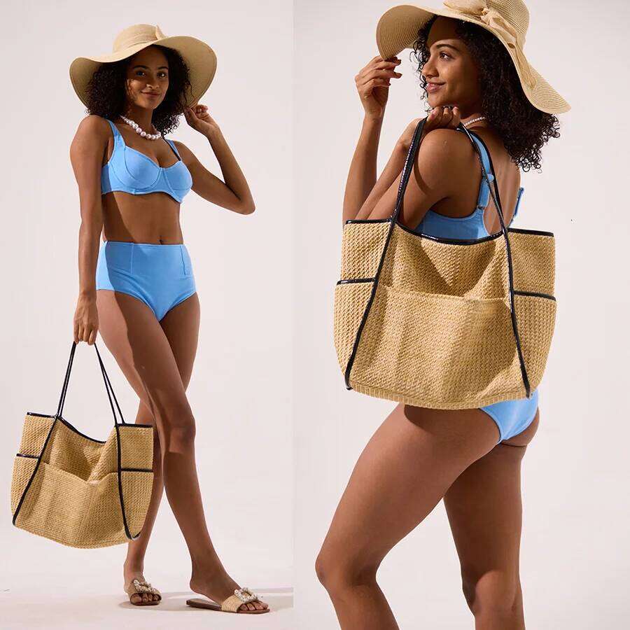 Casual Large Capacity Tote Bag PP Straw Women Shoulder Bags Weave Sumnmer Beach Handbags Multiple Pockets Big Bali Shopper Purse