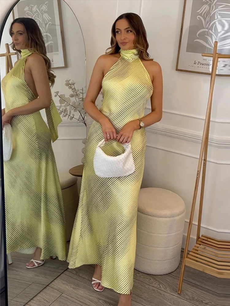 Halter Backless Gradient Striped Long Dresses Hanging Neck Lace Up Color Contrast Printed Slim Fit Silk Satin Dress Women Robes 250617