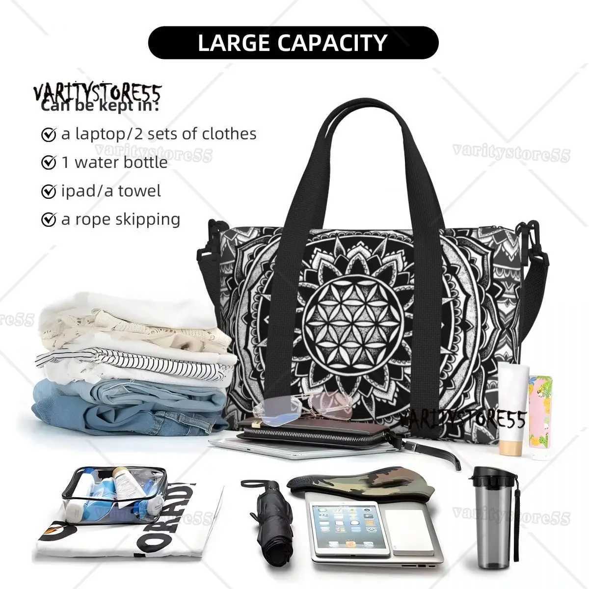 Custom Sacred Geometry Mandala Beach Tote Bag Women Flower Of Life Geometric Large Compartment Beach Gym Travel Bags W250618