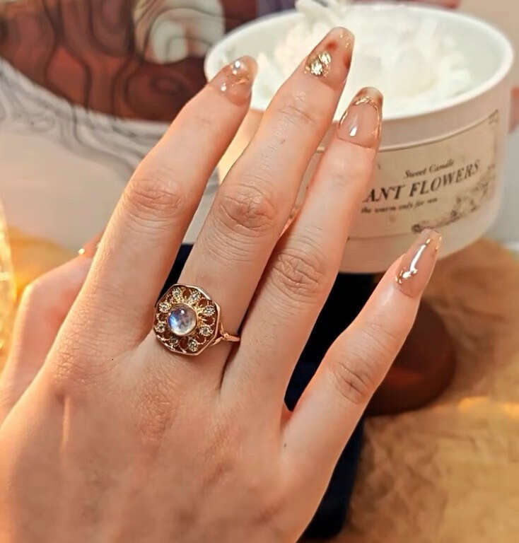 Lace Petal Sunflower High Imitation Natural Crystal Moonstone Same Style Necklace Light Luxury Ring