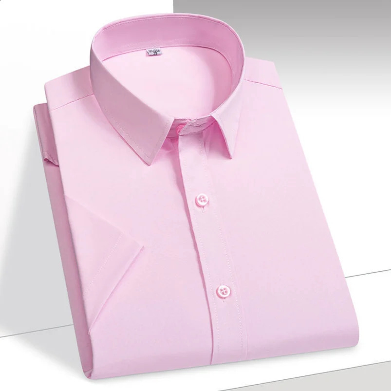 Mens Shirt Short Sleeve Elastic Solid Ice Silk Shirt Easy Care Formal Comfortable Dress Shirts Male Basic Man Clothes 250614
