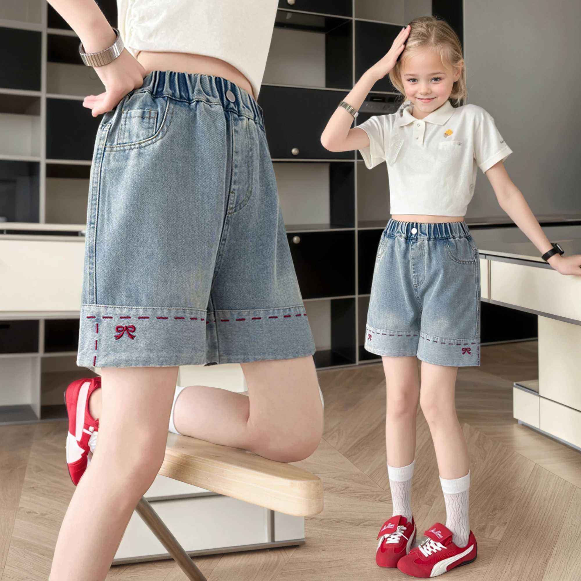 Girls summer versatile butterfly shorts 2025 new summer thin fashion jeans casual sports shorts 5-15 years oldC250617