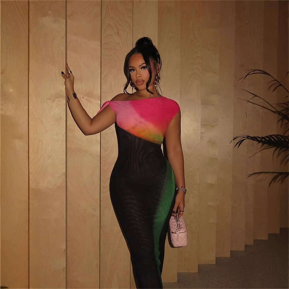 Autumn New Fashion Versatile Stretch Color-Block Slim Sexy Asymmetric Neck Long Bodycon Dress For Women B5