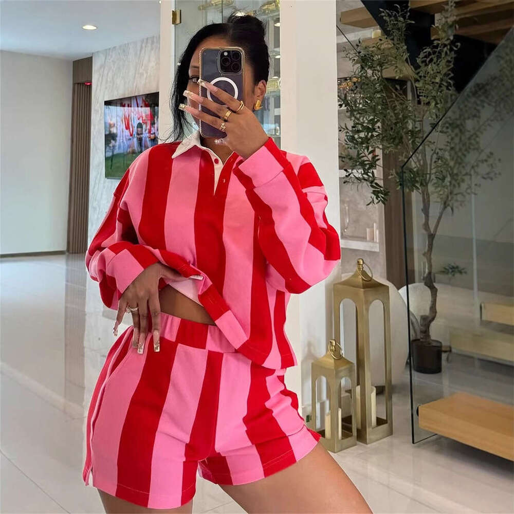 Spring New Women's Fashion Zebra Stripe Print Shirt Collar Long Sleeve Top Short Set B5