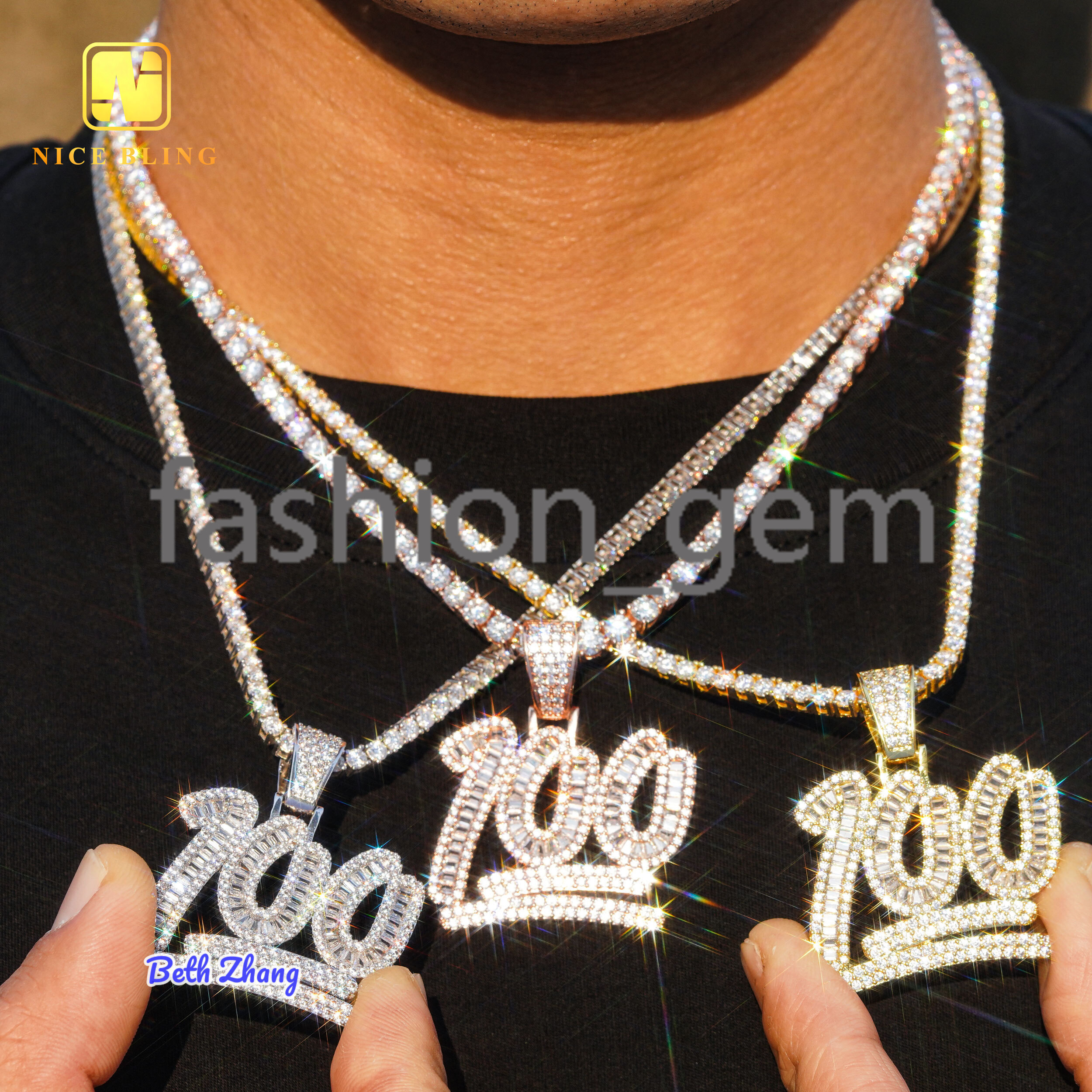 Pass Diamond Tester Custom Hip Hop Jewelry 100 Points Iced Out Number Pendant 925 Silver baguette Moissanite Diamond Pendant