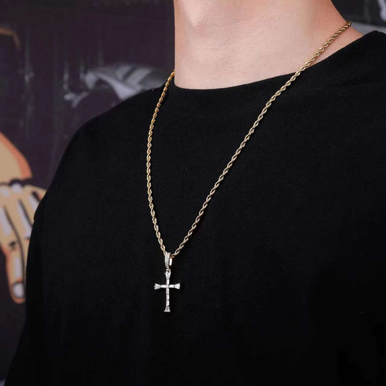 Mens 14K Silver Luxury Style Hip Hop VVS Moissanite Baguette Cross Pendant Fully Iced Blinged Christian Spiritual Jewelry