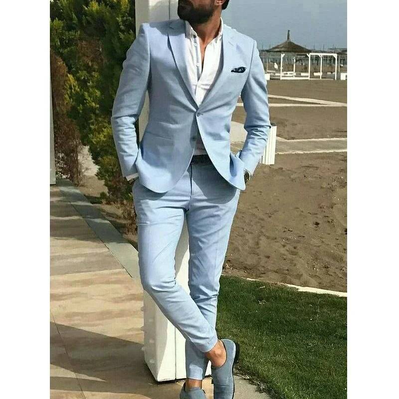 2 Piece2025 Custom Sky Blue Men's Suits Casual Summer Tuxedo Slim Fit Blazer Beach Wedding Jacket Set Tre Formal Para Hombre