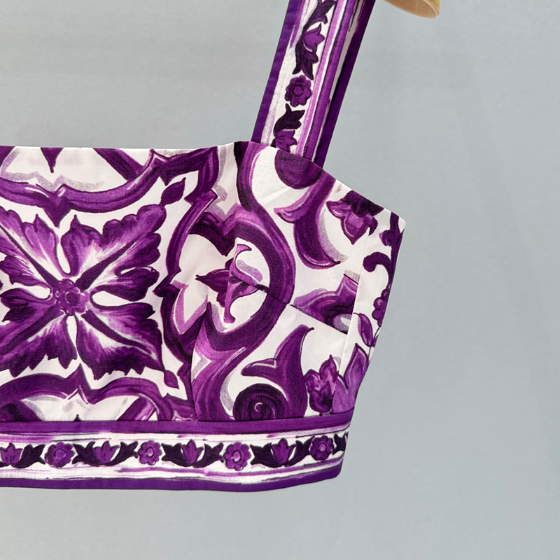 Luxury Women's Purple Printed 100% Cotton Bralette Fashion Runway Sleeveless Crop Top Beach Resort Classic Clothing S0649