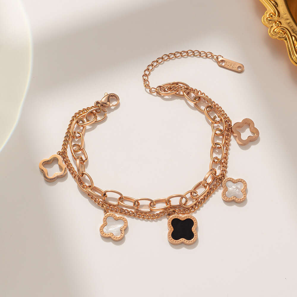 Korean Style Fashion Black and White Shell Double Layer Four-Leaf Flower Titanium Steel Bracelet Classic Versatile Wristband Qixi Festival Gift Access
