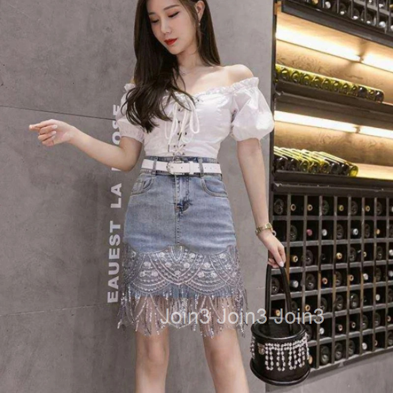 Patchwork Jeans Skirts for Women Fringe Mini Short Woman Denim Skirt 2025 Trend V Clothing Sales Modest High Quality Streetwear