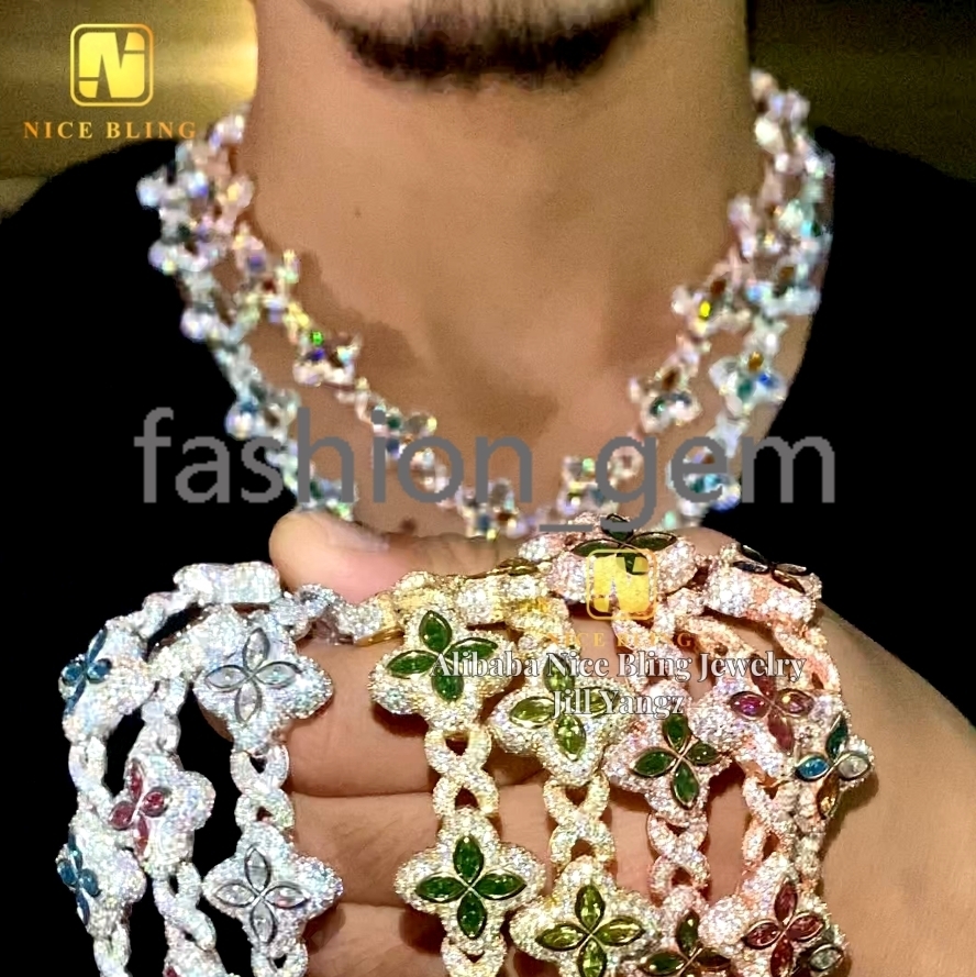 12 Options Colorful Moissanite Flower Cuban Bracelet Ready Stock Hip Hop Fancy Diamond Cuban Link Chain Moissanite 925 Silver