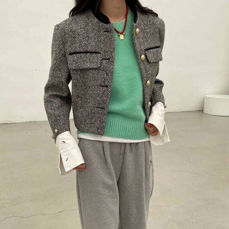 Biyaby Metal Button Stand Collar Jackets for Women Korean Style Pockets Plaid Coat Woman Spring Long Sleeve Cropped Jacket