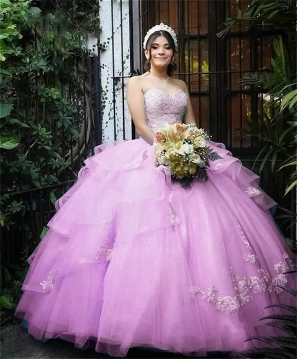 Ball Gown Quinceanera Dresses Appliques Sequins Sweetheart Tulle Lace-up Plus Size Sweet 15 16 Princess Birthday Party Gowns Vestidos De 15 Anos QD45