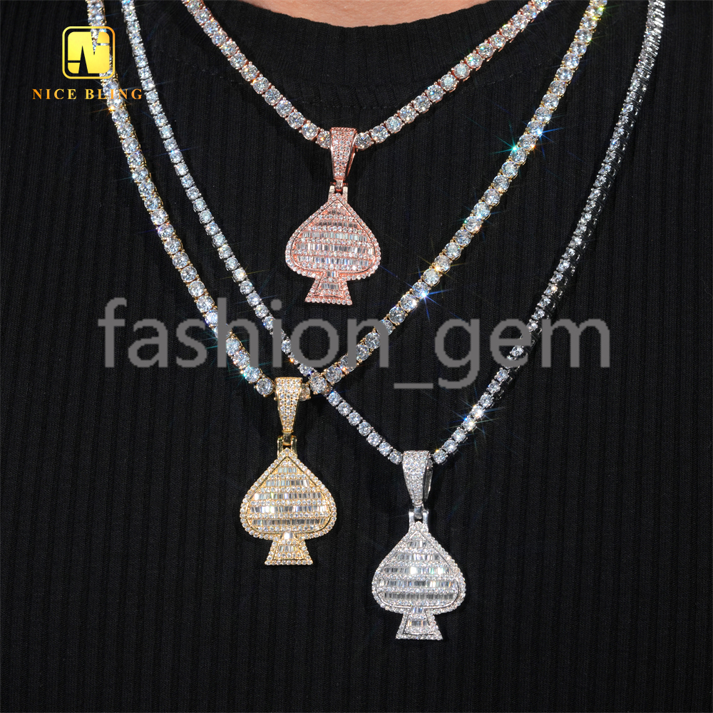 Lucky Charm Fortune Health Spade Pendant Ready Stock Baguette Moissanite Pendant Hip Hop Iced Out Pendant Birthday Gift