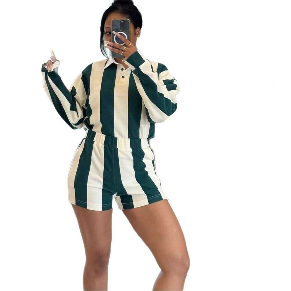 Spring New Women's Fashion Zebra Stripe Print Shirt Collar Long Sleeve Top Short Set B5