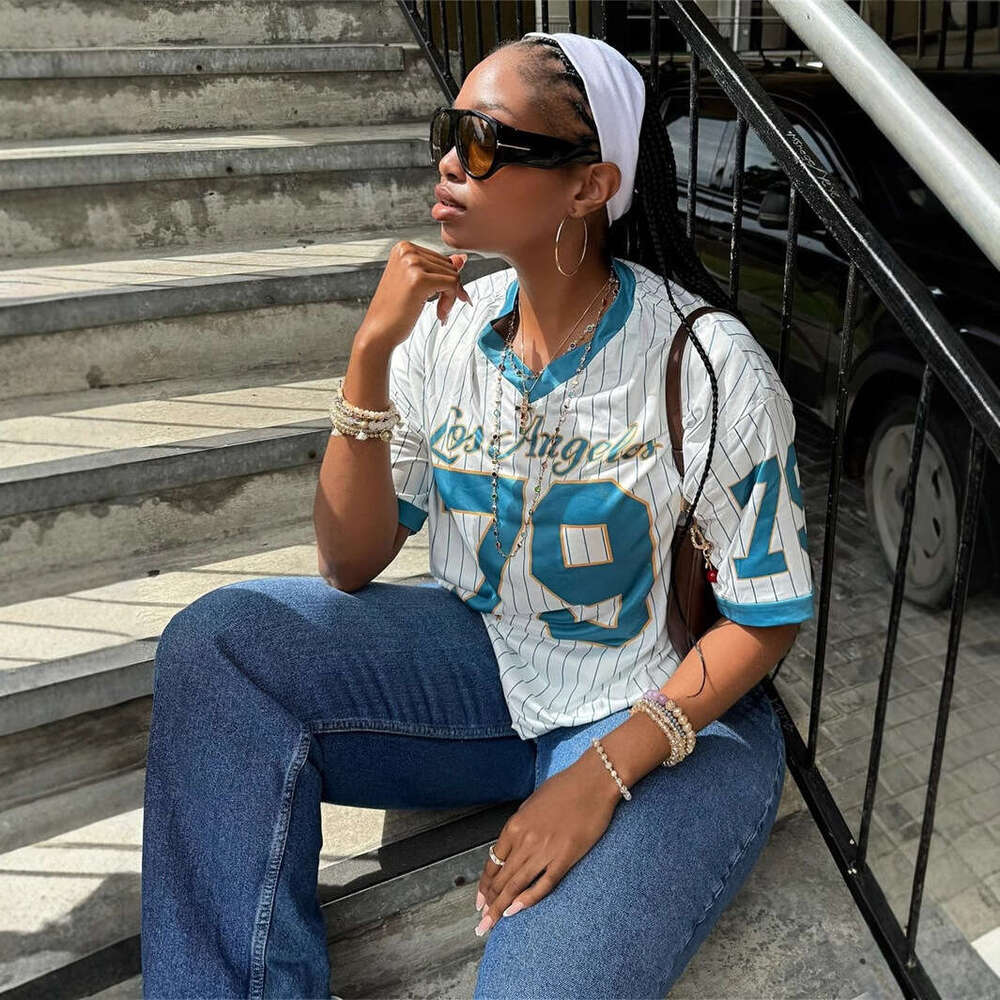 New Casual Fashion Loose Street Print Trendy V-Neck Short Sleeve Top Sports Style Striped T-Shirt B5