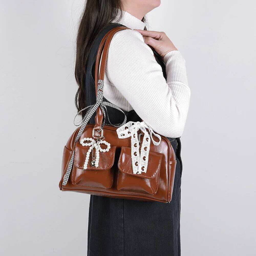 Vintage Bowling PU Leather Boston For Women Korean Version Fashion Shoulder Bag Double Pockets Handbag With Inner Pocket