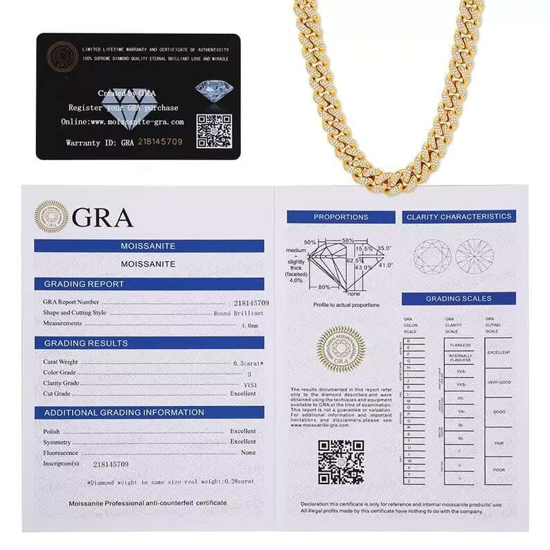 925 Sterling Silver VVS Real CVD Diamond Miami Cuban Link Chain 18k Gold Plated Moissanite Cuban Chain Mossan Hip Hop Necklace