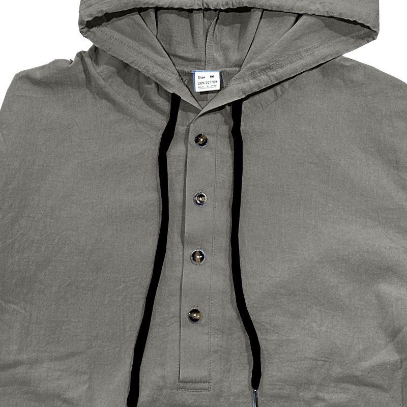 Men's linen T-shirt long-sleeved shirt casual sports top fashionable shirt hooded Henry button loose long-sleeved base shirt European code: S-3XL