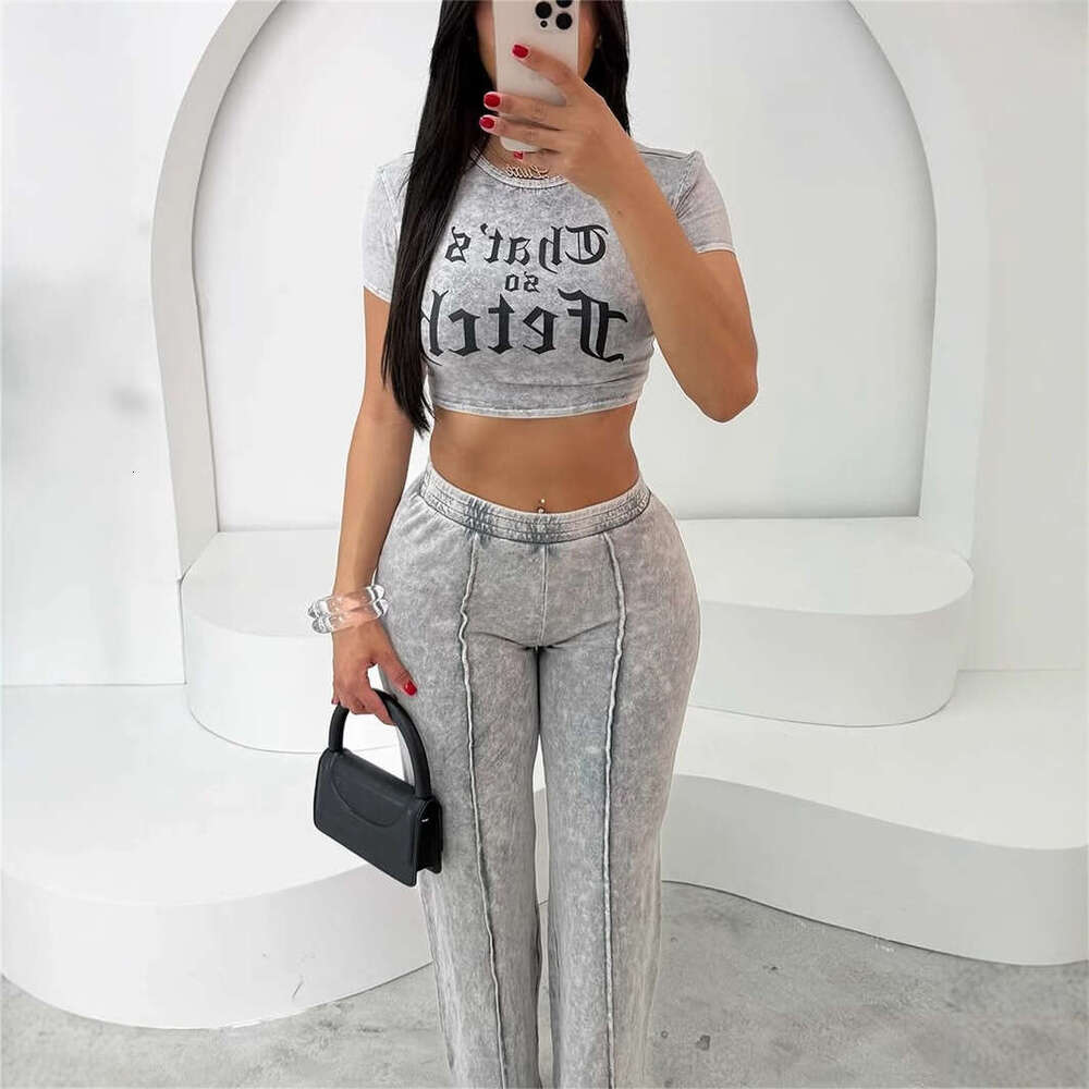 New High Hip Hop Solid Color Street Print Short Sleeve Top And Straight Leg Pants Set For Women B5