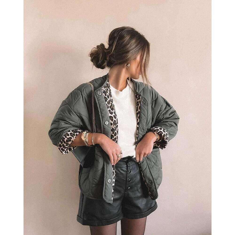 Woman Leopard Inside Quilted Jacket Single Breasted Pocket Warm Ladies Outfit Autumn Winter Fashion Girls Chic Clothes