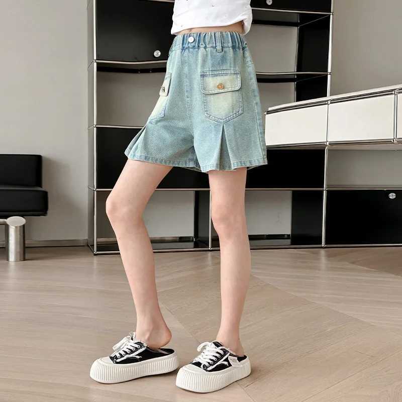 Girls summer versatile front pocket folding shorts 2025 new summer thin fashion jeans casual sports shorts 5-15 years oldC250617