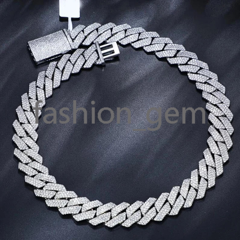 Hiphop Jewelry Moissanite Cuban Chain 18mm 925 Silver Iced Out 3 Rows Moissanite Cuban Link Chain