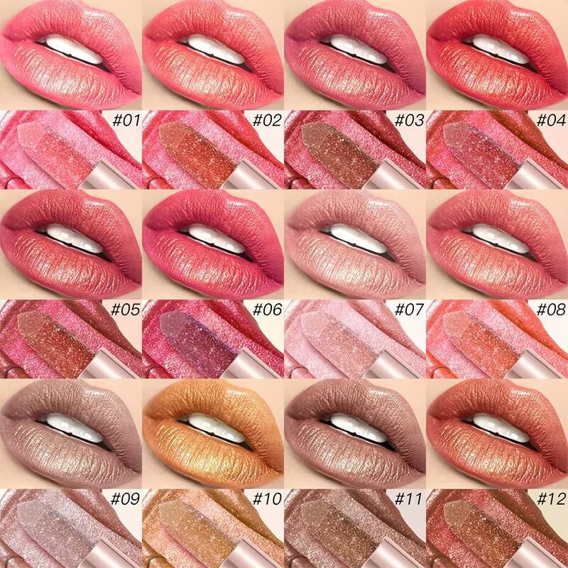 12 Colors Diamond Pearlescent Glitter Shiny Metallic Lipstick Long Lasting Lip Tint Non-stick Cup Red Sexy Lips Makeup happy