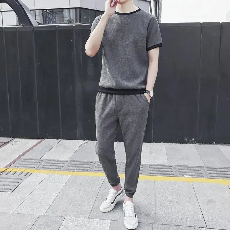 Male T Shirt Trousers Sets Sweatshirts Plain Tracksuit Mens Pants Set Sweatsuit Offer Premium Casual Elastic Tee Stylish 250617