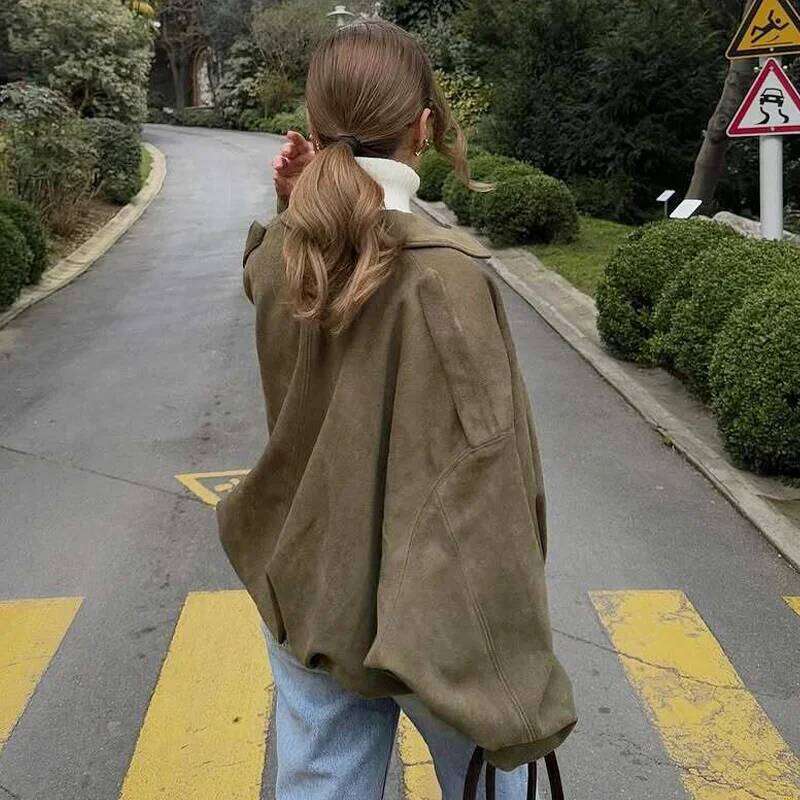 TRAF Cropped Oversize Outerwears Women's Jacket Spring Suede Bomber New In & Jackets Khaki Green Long Sleeve Coats