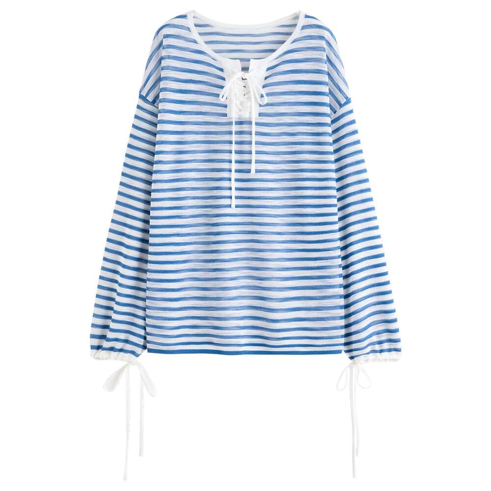 FSLE French Elegant Holiday Striped Shirt For Women 2025 Summer Sailing Sunscreen Breathable Long-sleeved T-shirt Top 25FS12847