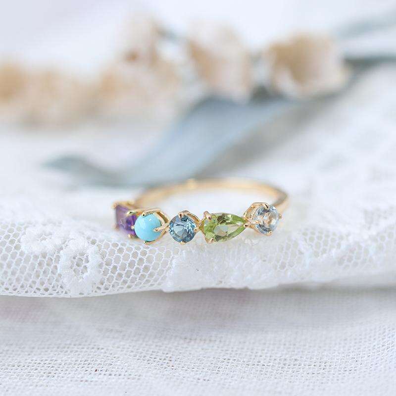 Natural Olivine Turquoise Blue Topaz Amethyst Geometric Ring Adjustable Gold Plated