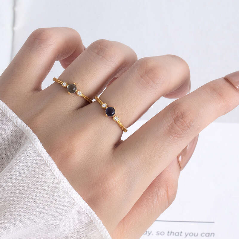White Moonlight Glass Jade Chalcedony Cabochon Inlaid Women's Ring Light Luxury Elegant Simple Versatile Jewelry Niche Design