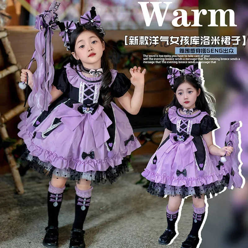 Sanrio 2024 Sanrio Cosplay Kuromi Lolita Princess Dress Summer Childrens Costume Dress Puffy Skirt Suit Cute Girl Birthday Kawaii Gift XJ250618