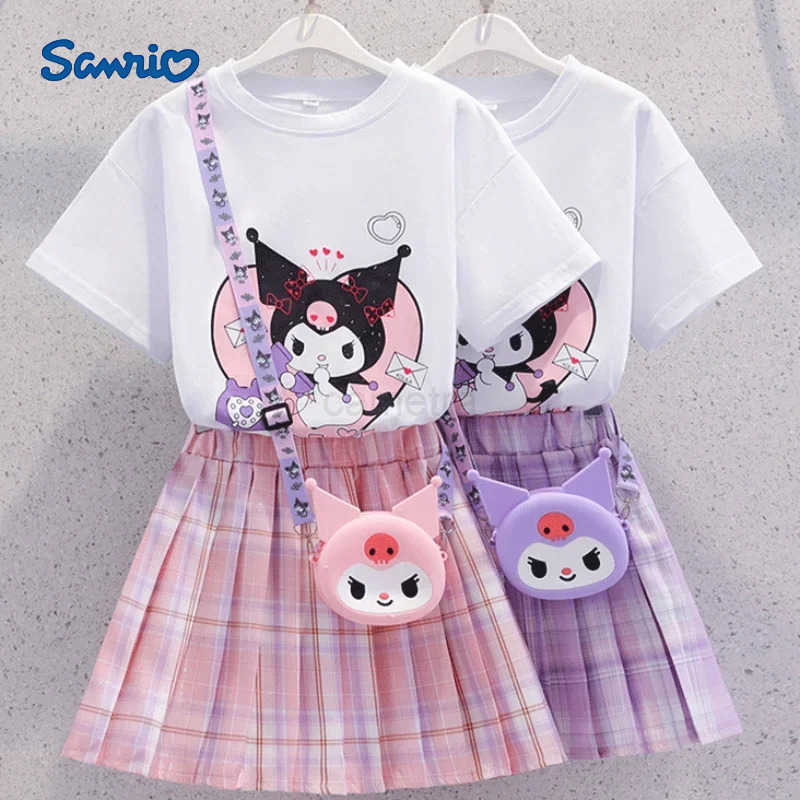 Sanrio Sanrio Childrens Suit For Girls Summer Cute Short Sleeve Tshirt + Pleated Skirt 2 PC Sets Casual Outfit Baby Kids ClothingXJ250618