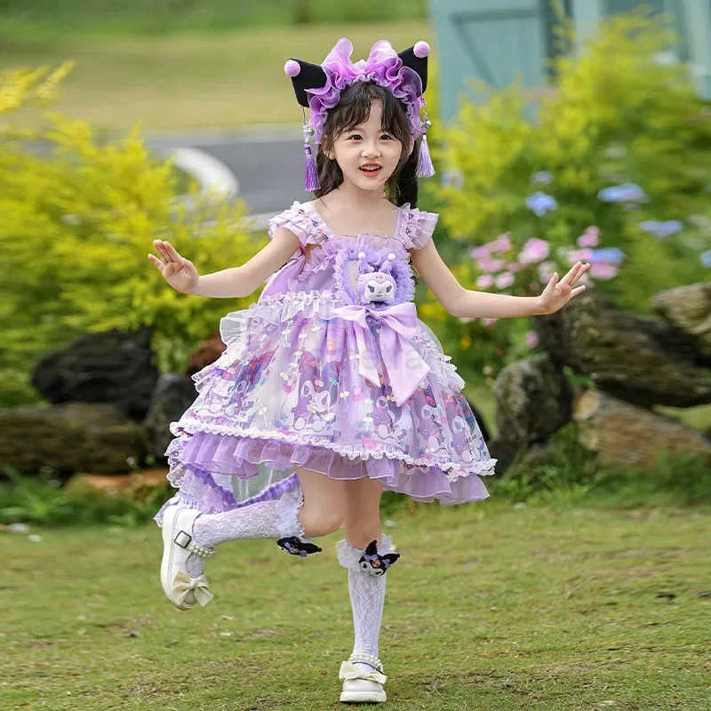Sanrio Sanrio Kawaii Kuromi Girls Summer Suspender Princess Dress Short Anime Cotton Girly Heart Cute Lolita Skirt Dress Girls Gifts XJ250618