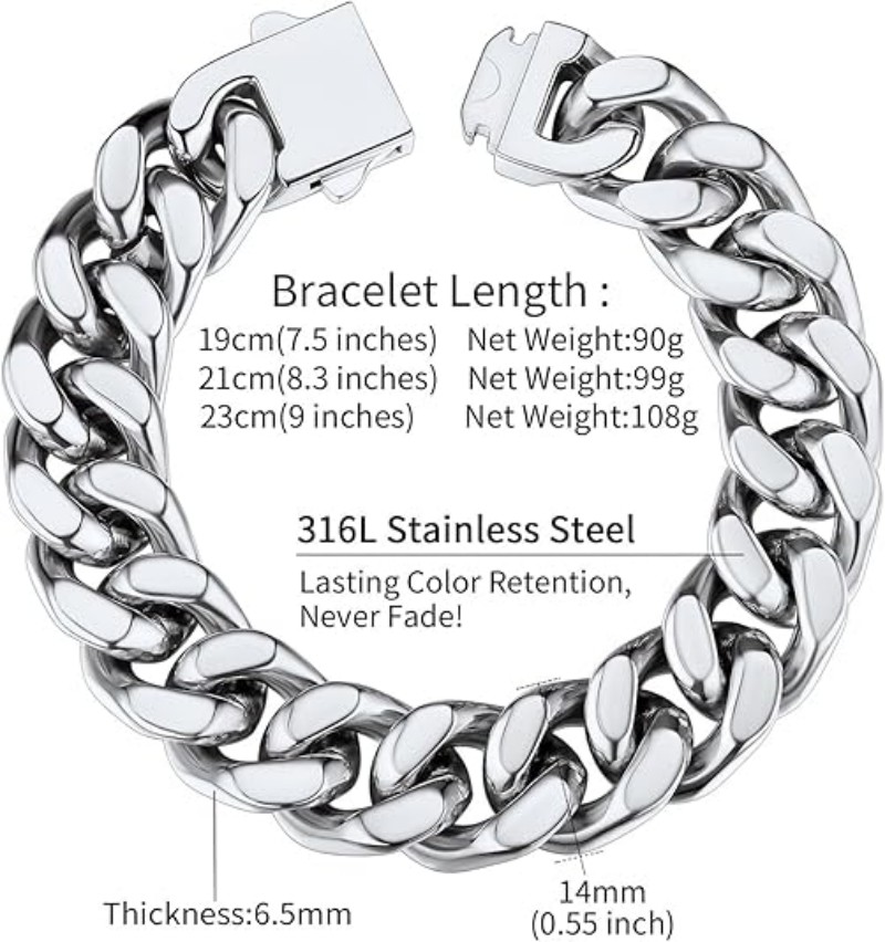 ChainsHouse Stainless Steel Cuban Link Bracelet for Men, Length, Black/18K Gold Plated Chain Wrist Bracelets for Men, with Gift Box