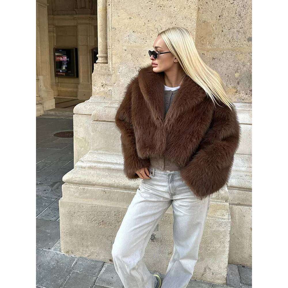 Vintage Lapel Faux Fur Short Coat Women Brown Long Sleeve Warm Thick Loose Jacket 2024 Autumn Winter Lady High Street Outwear