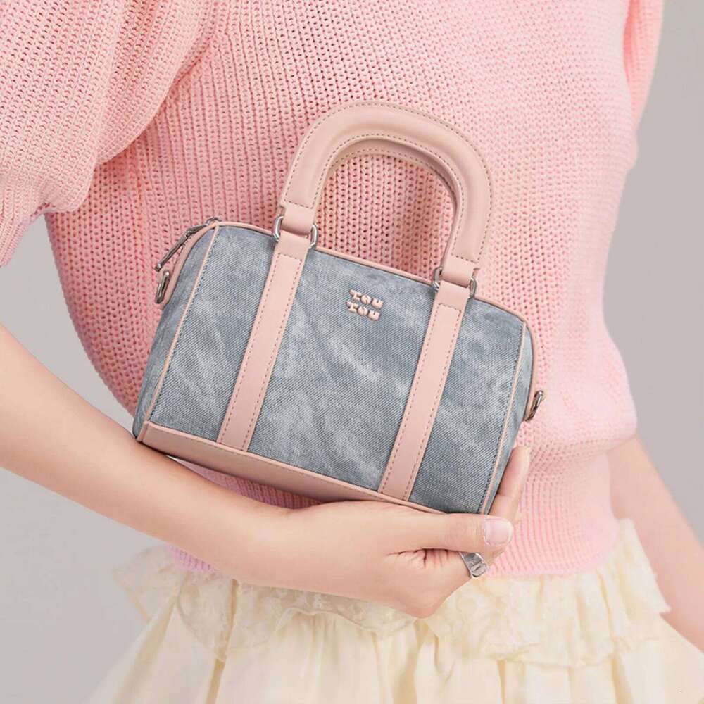 TOUTOU Bowling Bag Women Blue PU Leather Boston Shoulder Crossbody Handbag With Pendent Original Valentine's Gift For Girl