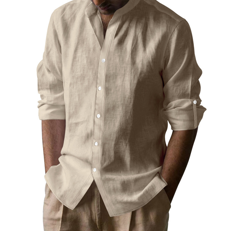 Fashion brand Men's Hawaiian long-sleeved shirt with cotton and linen stand-up collar breathable Henry collar casual long-sleeved top European co