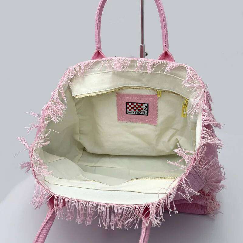Saint Barth 2025 New Women's Large Capacity Casual Beach Canvas Striped Tassel Handheld Tote Bag