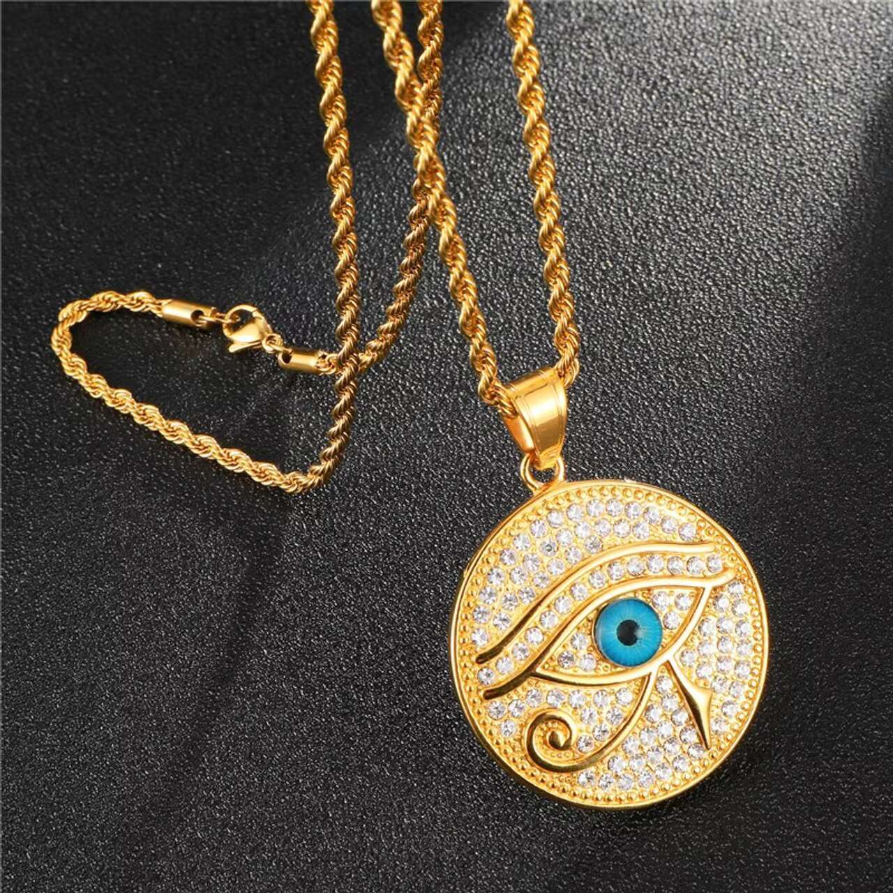 New Trendy 14k Gold Egypt Eye of Horus Pattern round Pendant Necklace with Moissanite for Mens Womens Wear